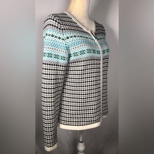 Talbots Black and White Patterned Zip Up Cardigan Sweater with Blue Accents